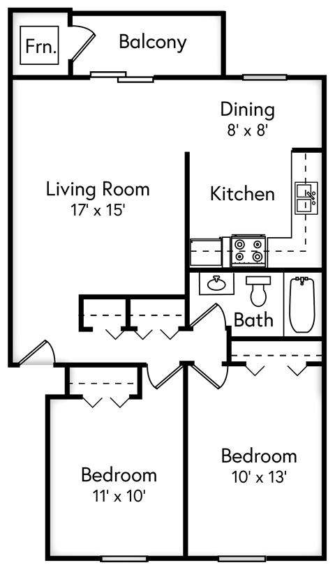 Floor plan for 2 beds, 1 bath, 858 sqft